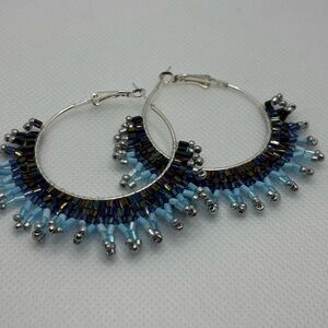 Blue and silver beaded hoop earrings, handmade